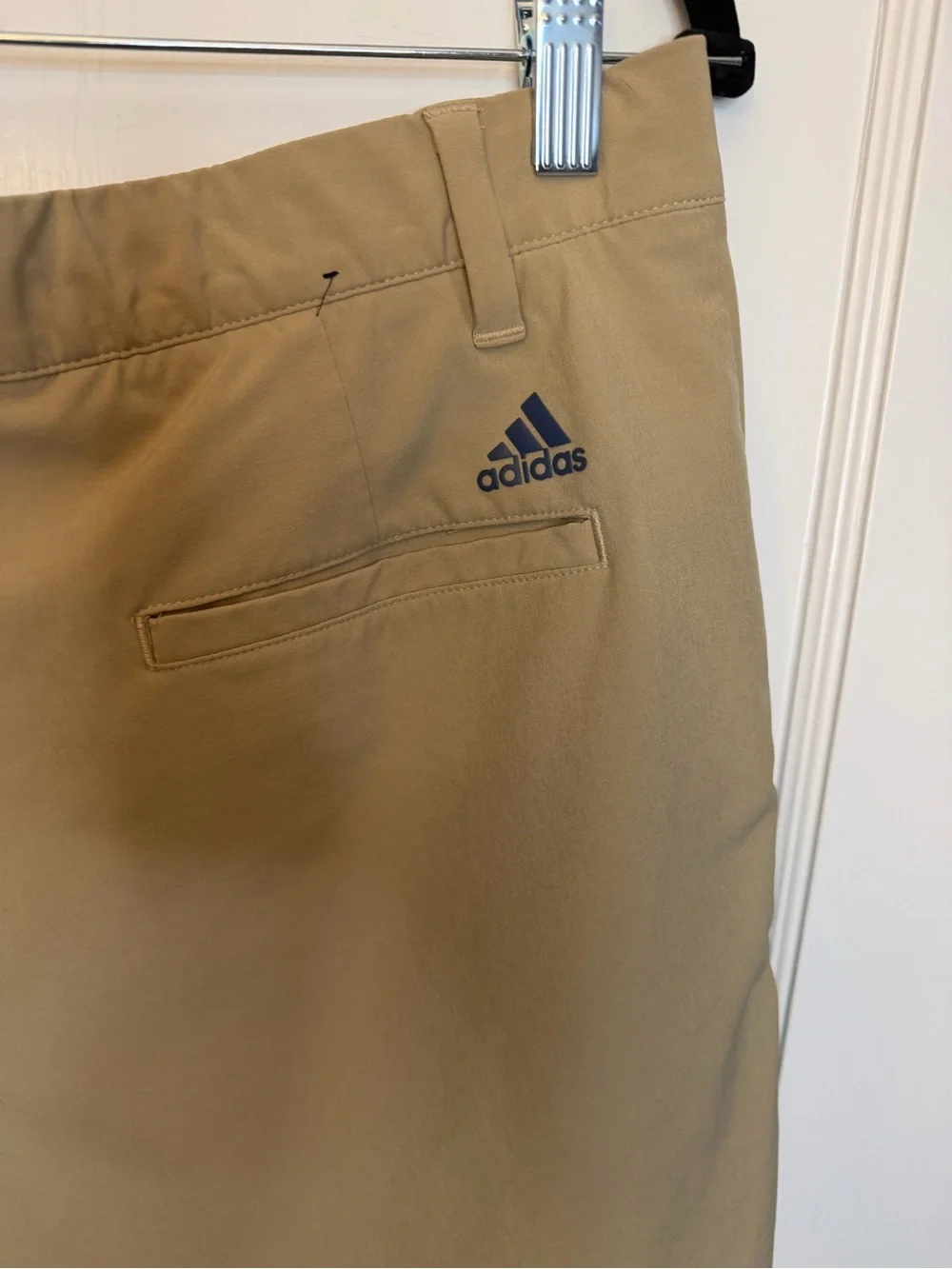 Adidas Men's Beige Chino Shorts Polyester Flat Front Button Closure Pockets Logo